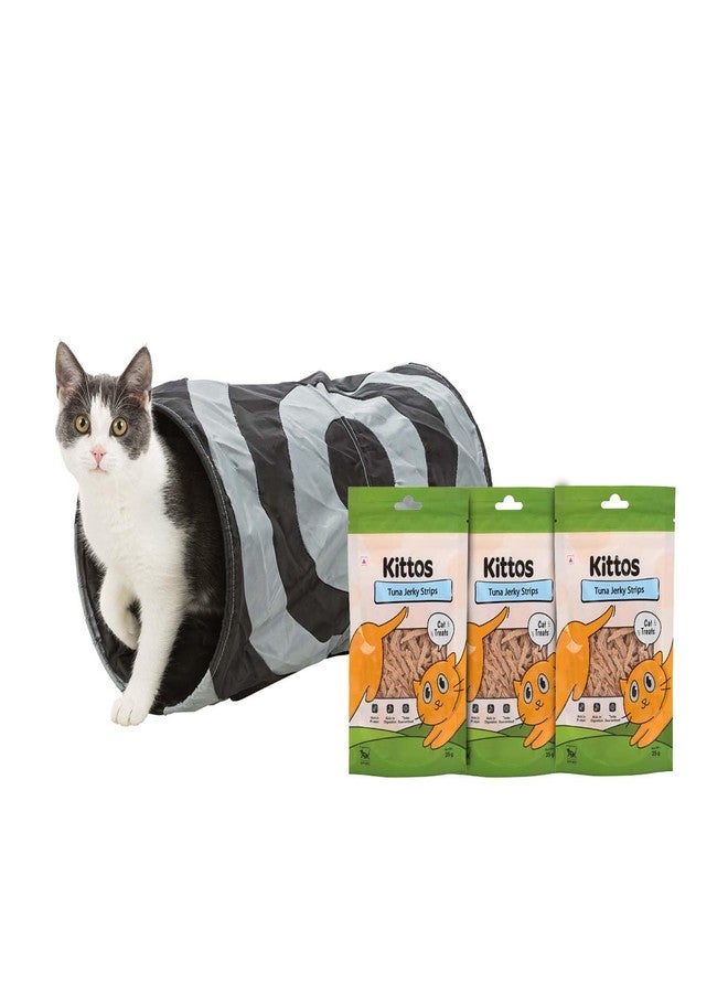 Trixie Combo of 1 Trixie Playing Tunnel for Cats, Interactive Cat Toy for Indoor & Outdoor Play (50 x 25 cm) (Color May Vary) and 3 Pack of Kittos Tuna Jerky Strips Cat Treats, 35 g Each - Image 1